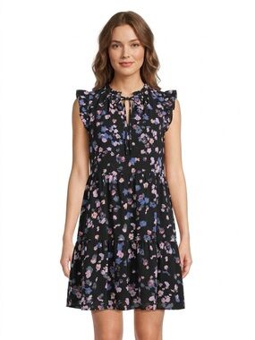 Time and Tru Black Floral Ruffle Neck Blouse with Pink and Blue Accents